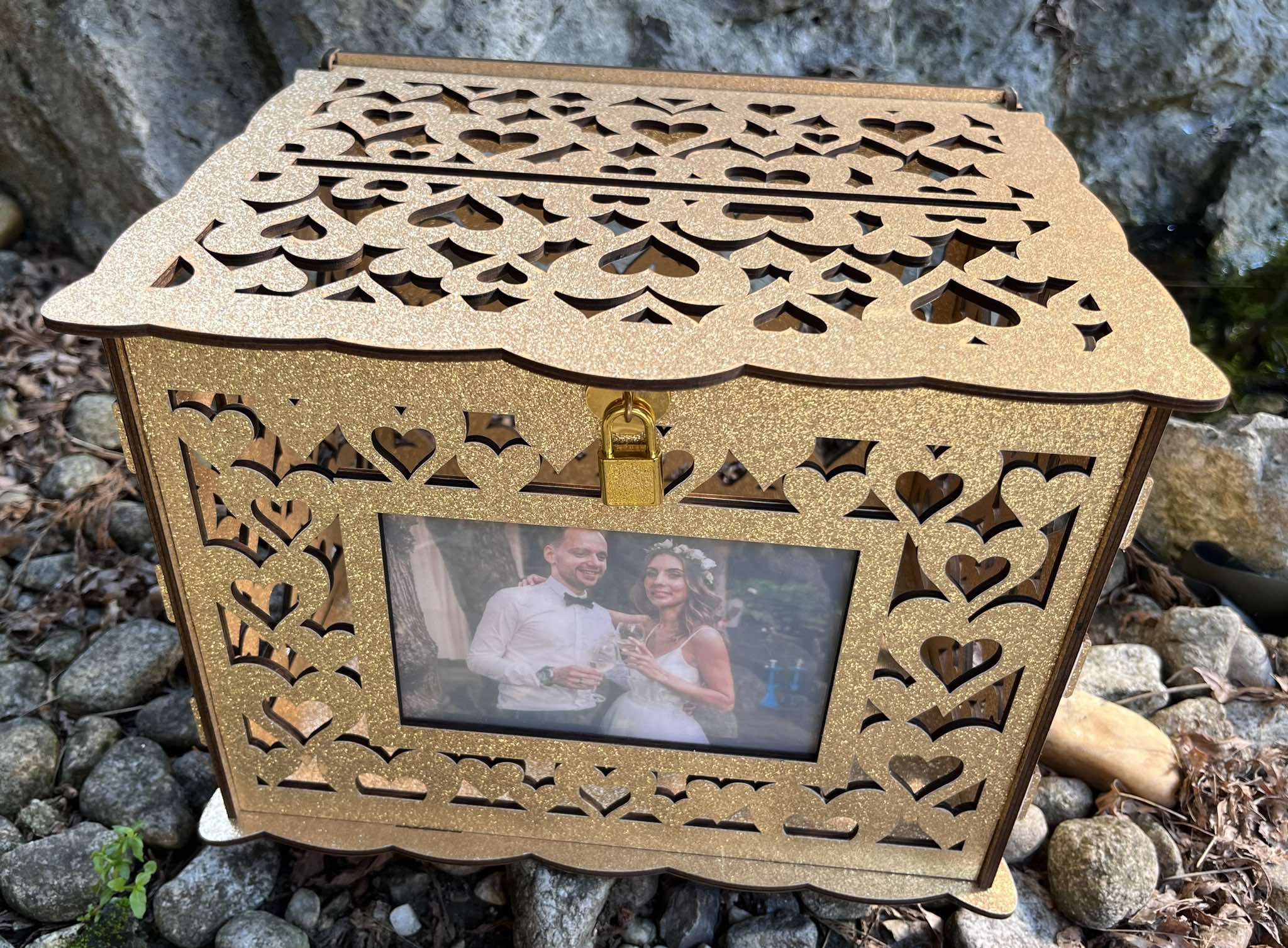 Zlatá svadobná krabička na peniaze s vašou fotkou 16