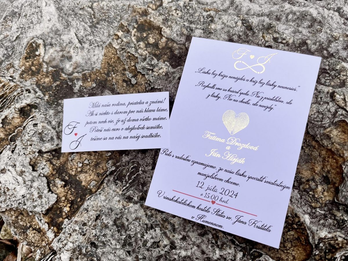 Svadobné oznámenie s metalickou zlatou a čiernym textom 96