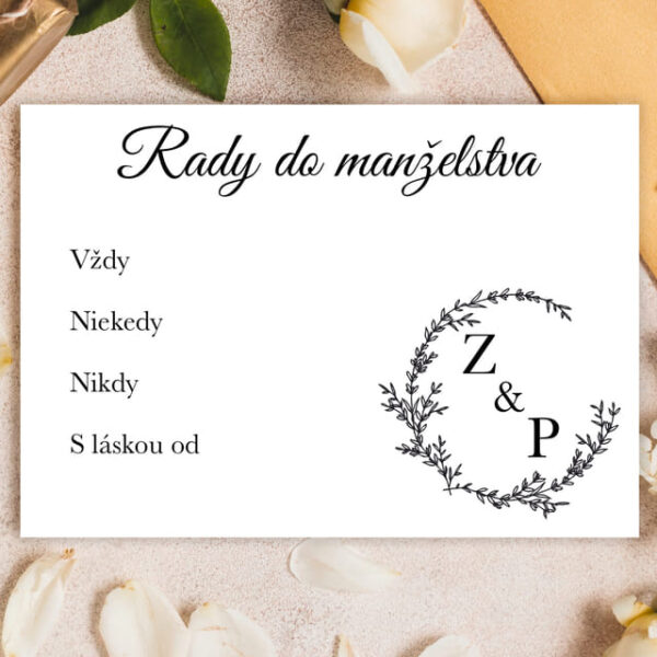 Kartička - Rady do manželstva s iniciálmi mladomanželov 1