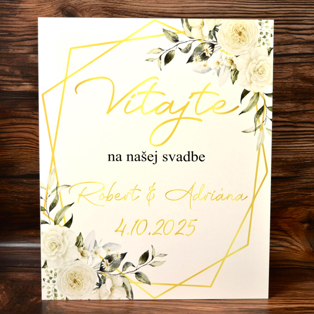 Uvítacia tabuľa – Vitajte na našej svadbe so zlatou a ružami 43