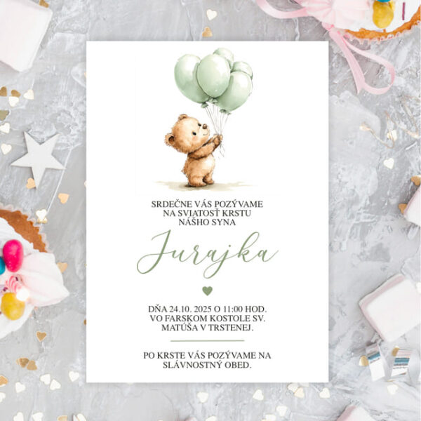 Pozvánka na krst - Macko so zelenou 8